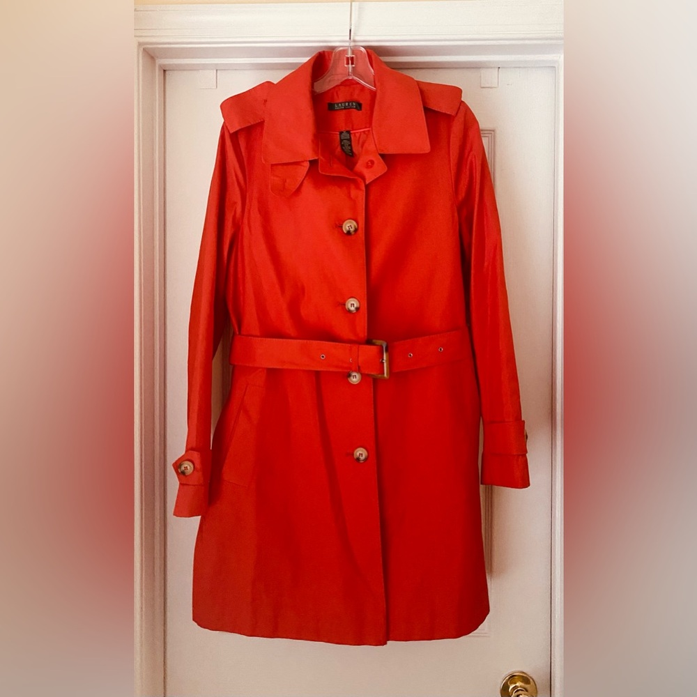 🐴 Lauren Ralph Lauren Orange Belted Water Repellent Taffeta Trench Coat, Medium
